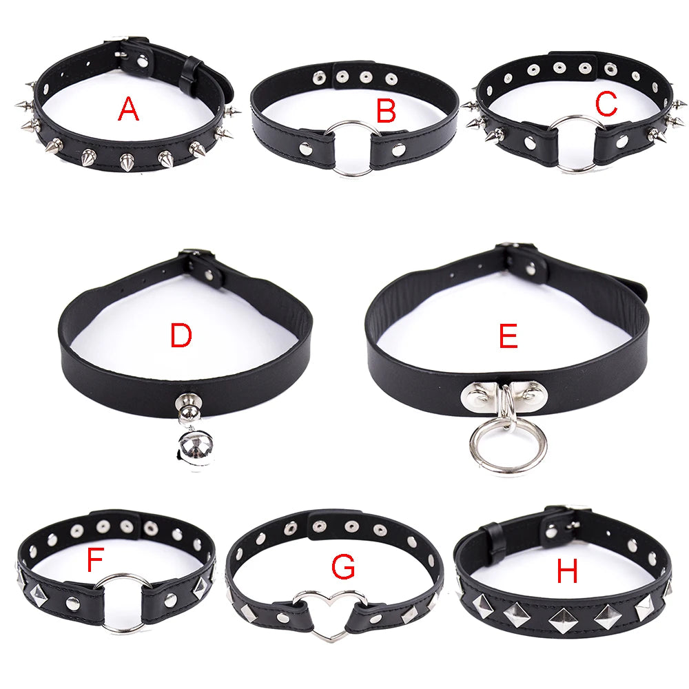 Sexy PU Leather Choker Collar for Women Gothic Punk Spike Heart O-Ring Bell Bondage Slave Neck Strap BDSM Role Play Accessory