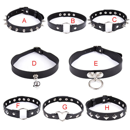 Sexy PU Leather Choker Collar for Women Gothic Punk Spike Heart O-Ring Bell Bondage Slave Neck Strap BDSM Role Play Accessory