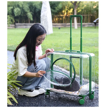 Pet Pull-Along Cart Cat Carrier, Large Capacity for Two Cats, Transparent Travel Trolley for Medium Dogs, Outdoor Pet Luggage