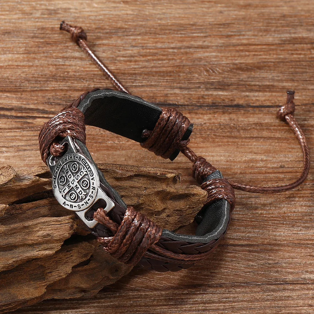 Vintage Handmade Braided Leather Bracelets For Men Myth Cross Scripture Retro Lace-Up Punk Style Leather Bracelet Accessory Gift