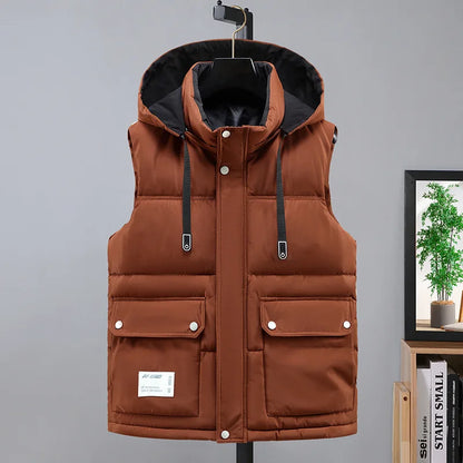 2024 Autumn Winter Men Thicken Cotton Waistcoat Sleeveless Vests Jackets Warm Detachable Hat Outerwear Male Zipper Hooded Coats