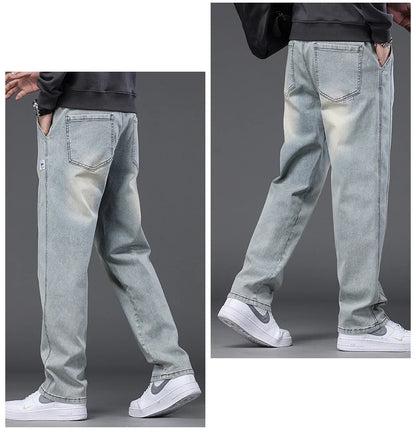 Autumn Winter Blue Jeans Men Drawstring Elastic Waist Cotton Cargo Denim Pants Work Fashion Thick Trousers Male Plus Size M-4XL