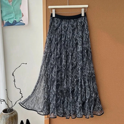High Waisted Printed Vintage Long Skirts Women Korean Loose Pleated A Line Mesh Skirt Woman Big Hem Mid Length Tulle Skirts