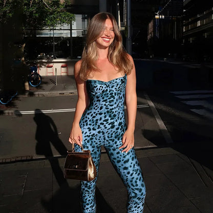 VEITCHE Leopard Printed Women Summer Jumpsuits Sexy Hot Popular Low Neck Spaghetti Strap Skinny Overalls Female Trend Midnight