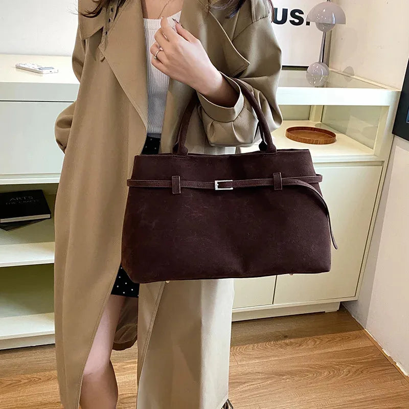 Vintage Satin-Leather Tote Bag – Casual Style with Buckle Closure, Large Capacity for Commuting & Everyday Shoulder Carry