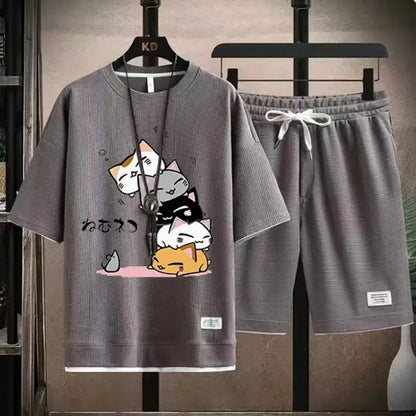2024 Men's Summer Waffle Set Brand Fashion Casual T-shirt+Shorts Set Men's Sports Set Loose ComfortableSlo Two-piece Set