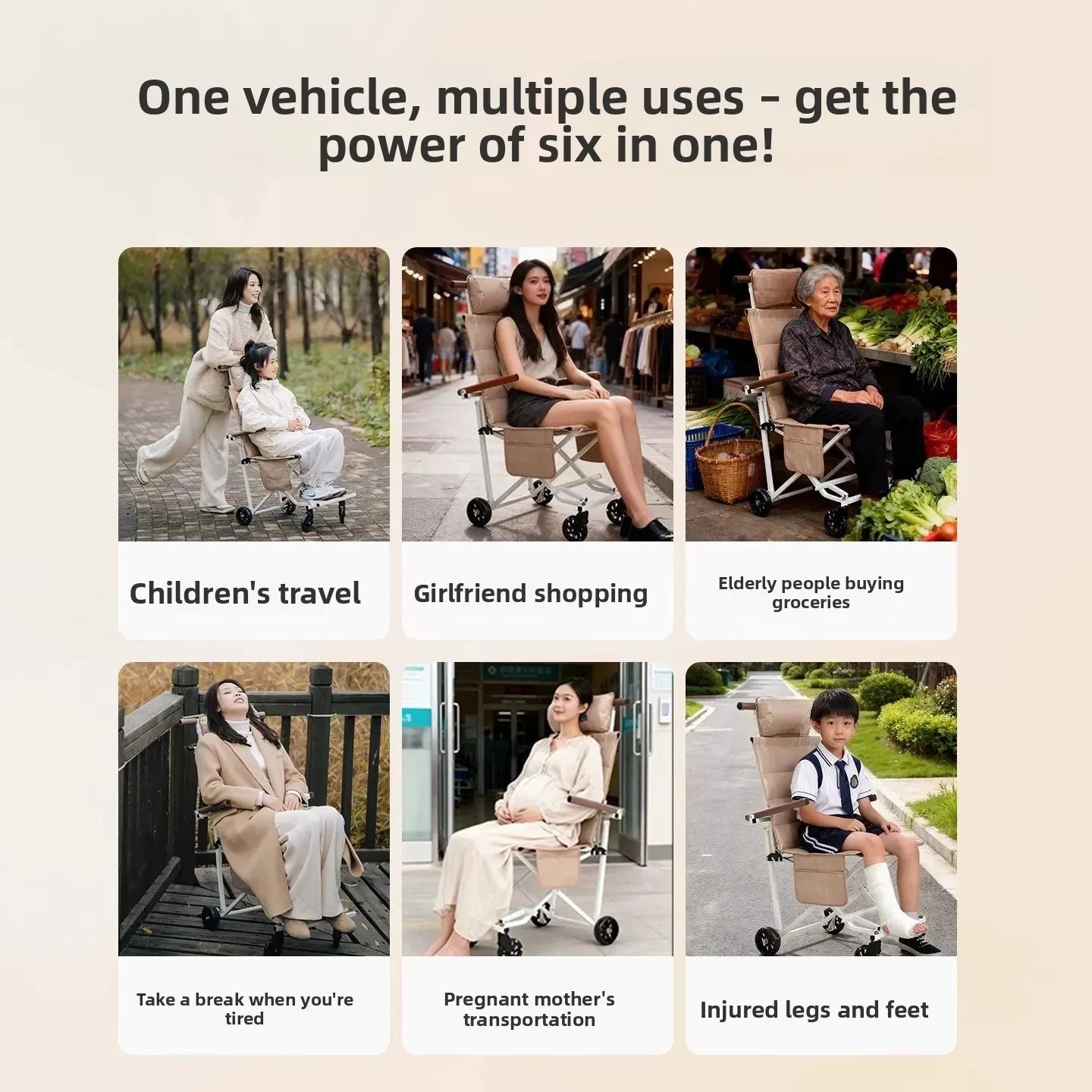 Portable Folding Travel Trolley for Elderly, Light‑Weight Recliner Cart, Multi‑Purpose Sit‑able for Car Trip & Outdoor Travel