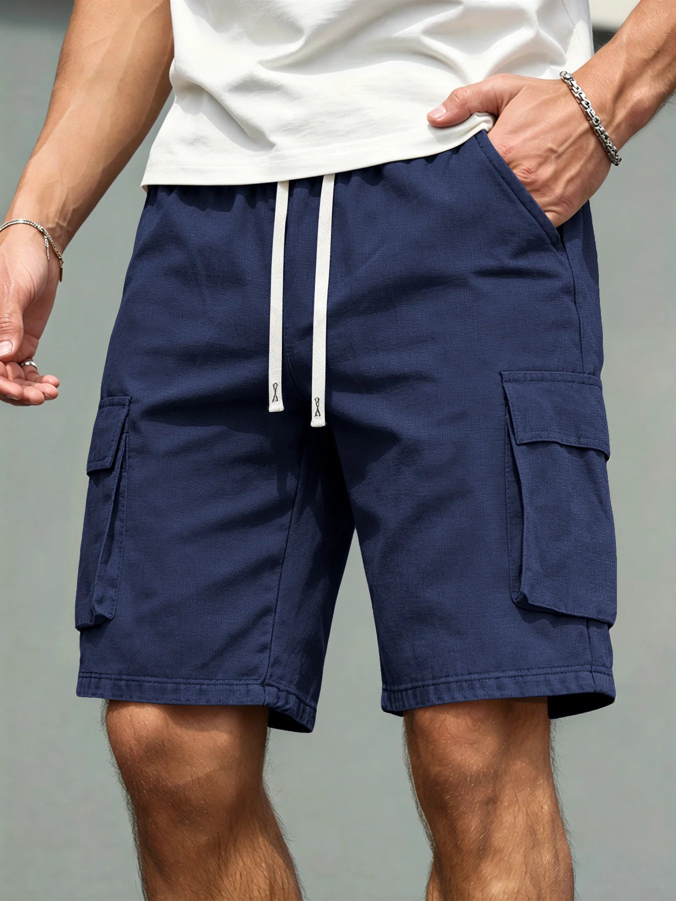 2026 Men's loose linen straight-leg pants, casual multi-pocket work shorts, high-end men's shorts, drawstring daily work shorts