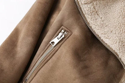 Winter Faux Shearling Sheepskin Fake Leather Jackets Lady Thick Warm Suede Lambs Motorcycle Brown Coats Mujer Chaqueta A407