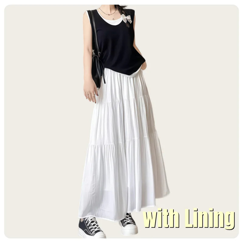 Korean Casual Style Women's Spring and Summer High-Waisted Elastic Band Lined White Layered Midi Skirt