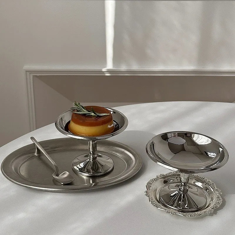 304 Stainless Steel Dessert Cup Ice Cream Cups Salad Goblet Retro High Base Bowl for Fruit Yogurt Snack Dish Bar Dinnerware
