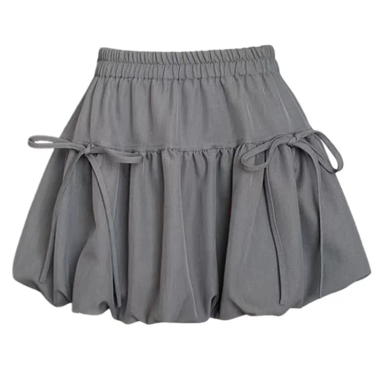 Zjaiss 2026 Summer Ballet Style Bow A-Line Women's Mini Skirts High Elastic Waist Tie Pleated Bud Balloon Skirt