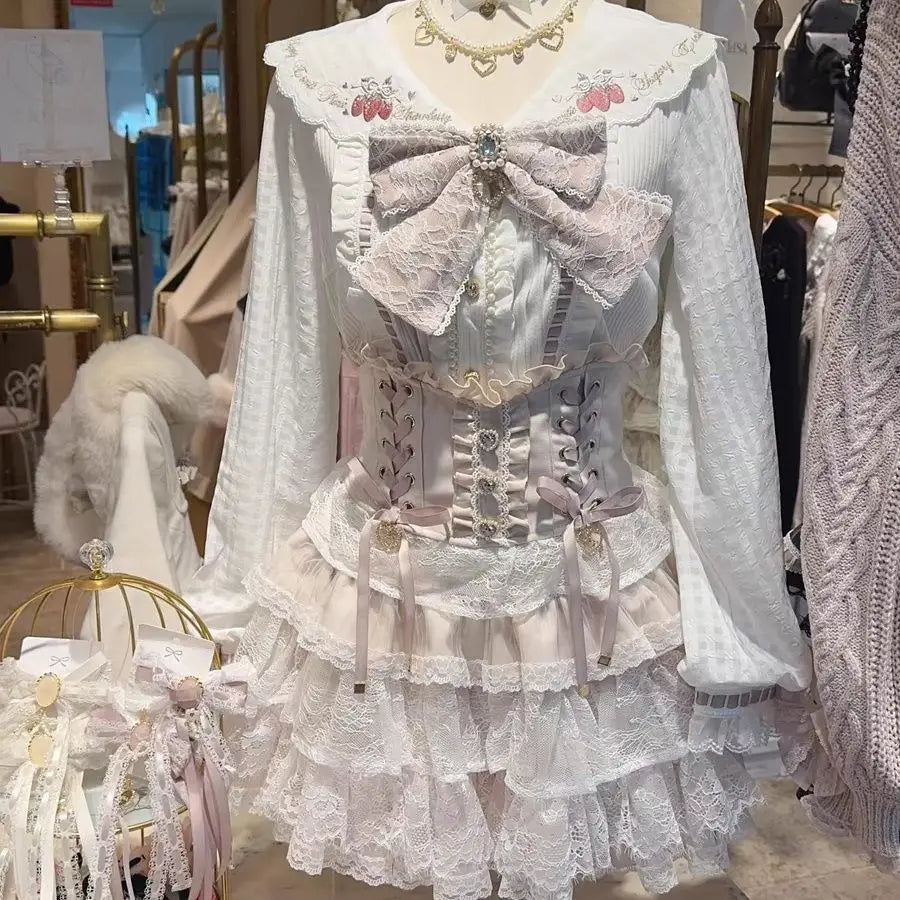 Japanese Sweet Lolita Style Mini Skirt Women Retro Elegant Lace Bandage Party Cake Skirts Female Gothic Y2k Metal Buckle Skirts