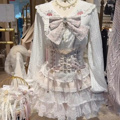 Japanese Sweet Lolita Style Mini Skirt Women Retro Elegant Lace Bandage Party Cake Skirts Female Gothic Y2k Metal Buckle Skirts