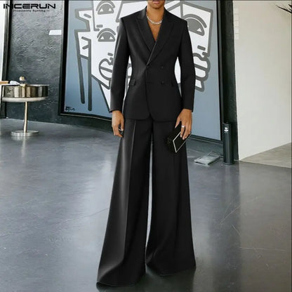 INCERUN Men Sets Solid Color Double Breasted Long Sleeve Blazer & Pants Two Pieces Sets Streetwear Fashion Casual Men's Suits