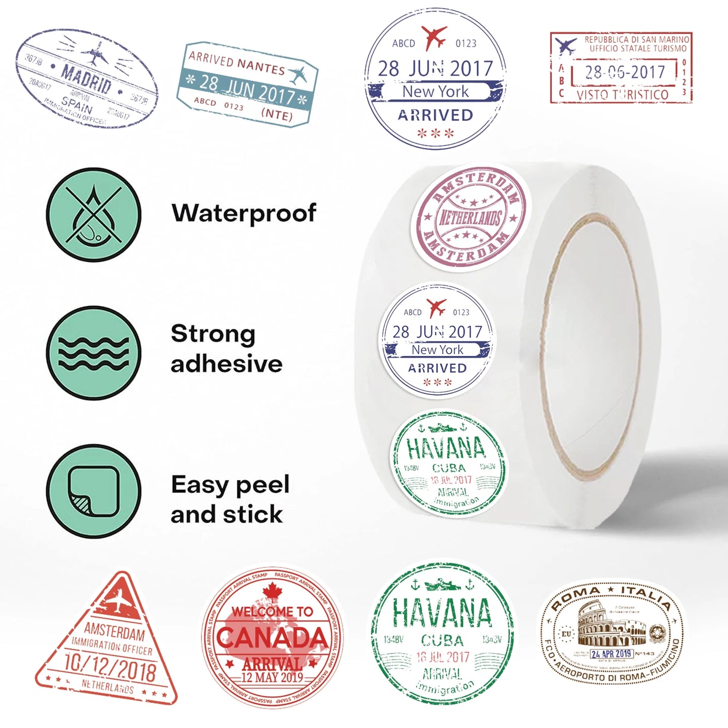 500pcs Passport Stamps Stickers Roll for Scrapbook Journaling Laptop Bumper Skateboard Water Bottles Computer Phone Sticker