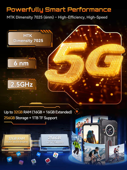 Cubot Rugged Smartphone 5G King Kong 11, Android 15, Up to 32GB RAM+256GB ROM, 108MP Camera, 10200mAh, Dual Screen, MTK7025, 6nm