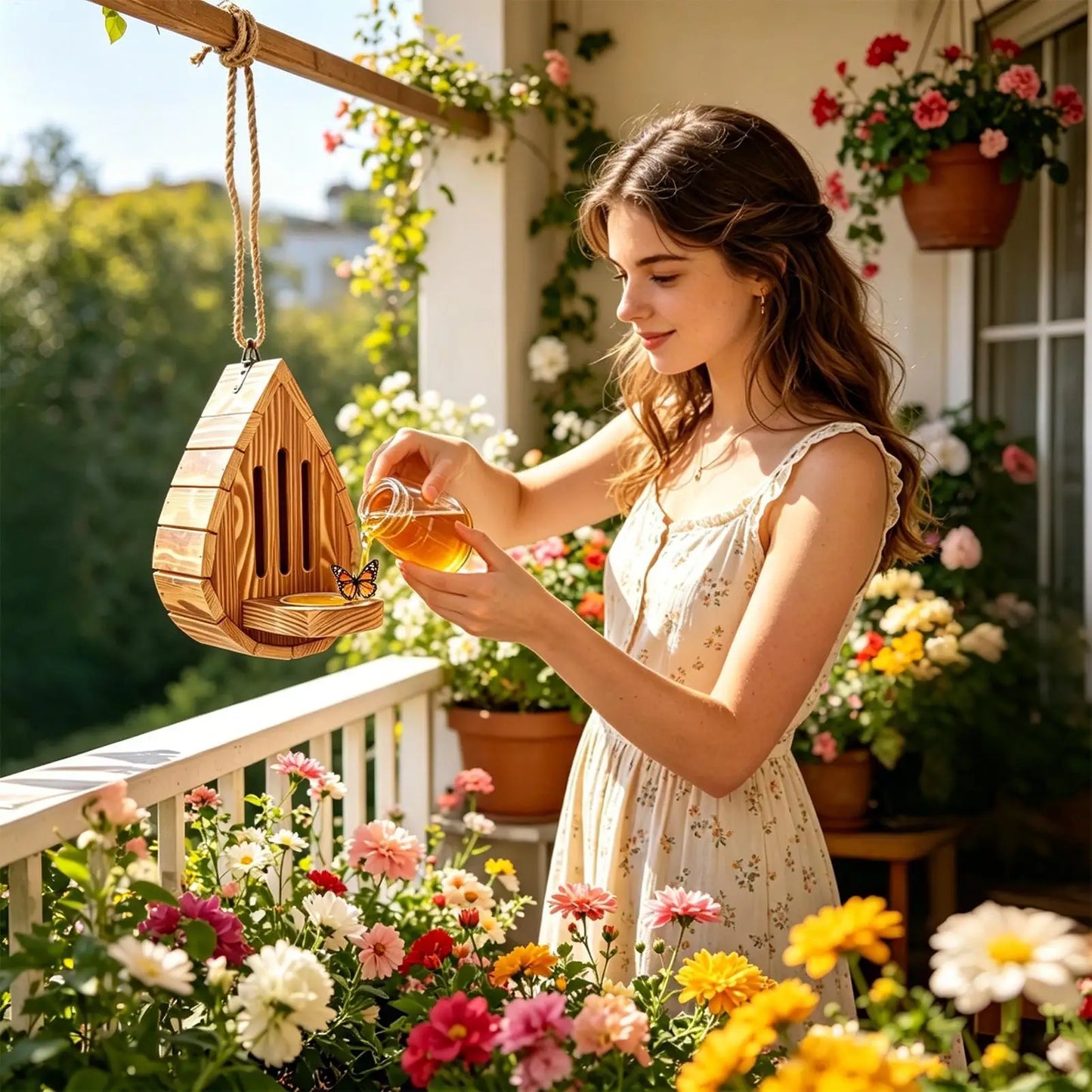Hanging Wood Butterfly House Feeder with Rope Decorative Bee Nesting Box Multifunctional Moth Habitat for Garden Balcony