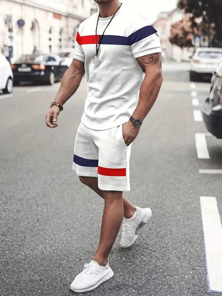Summer Men's Stripe Print Short Sleeve Tee Elastic waist Shorts 2 Pieces Set Plus Size Loose O-Neck T-shirt Pockets Shorts Set