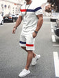 Summer Men's Stripe Print Short Sleeve Tee Elastic waist Shorts 2 Pieces Set Plus Size Loose O-Neck T-shirt Pockets Shorts Set