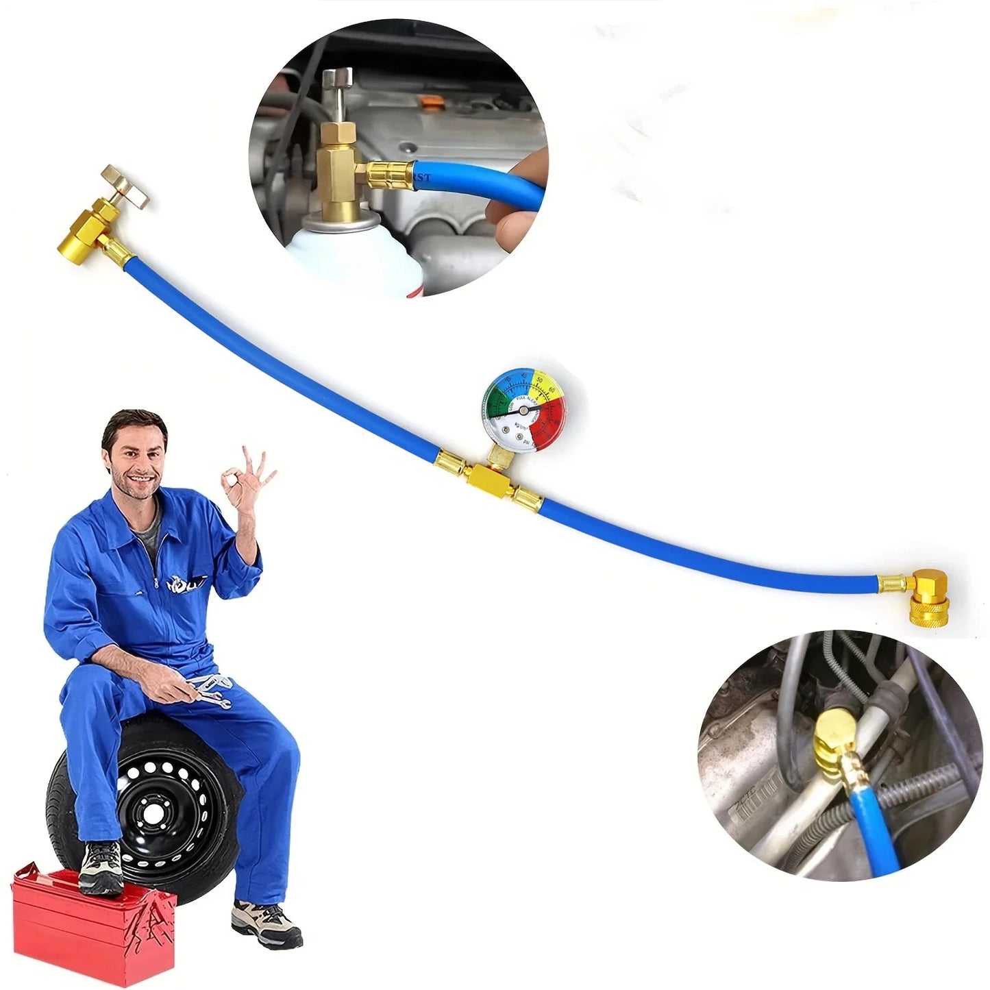 R134A Recharge Hose with Gauge, AC Can Tap Freon Charging Kit, 90° Low Side Quick Coupler for R134A R12 R22 A/C Refrigerant