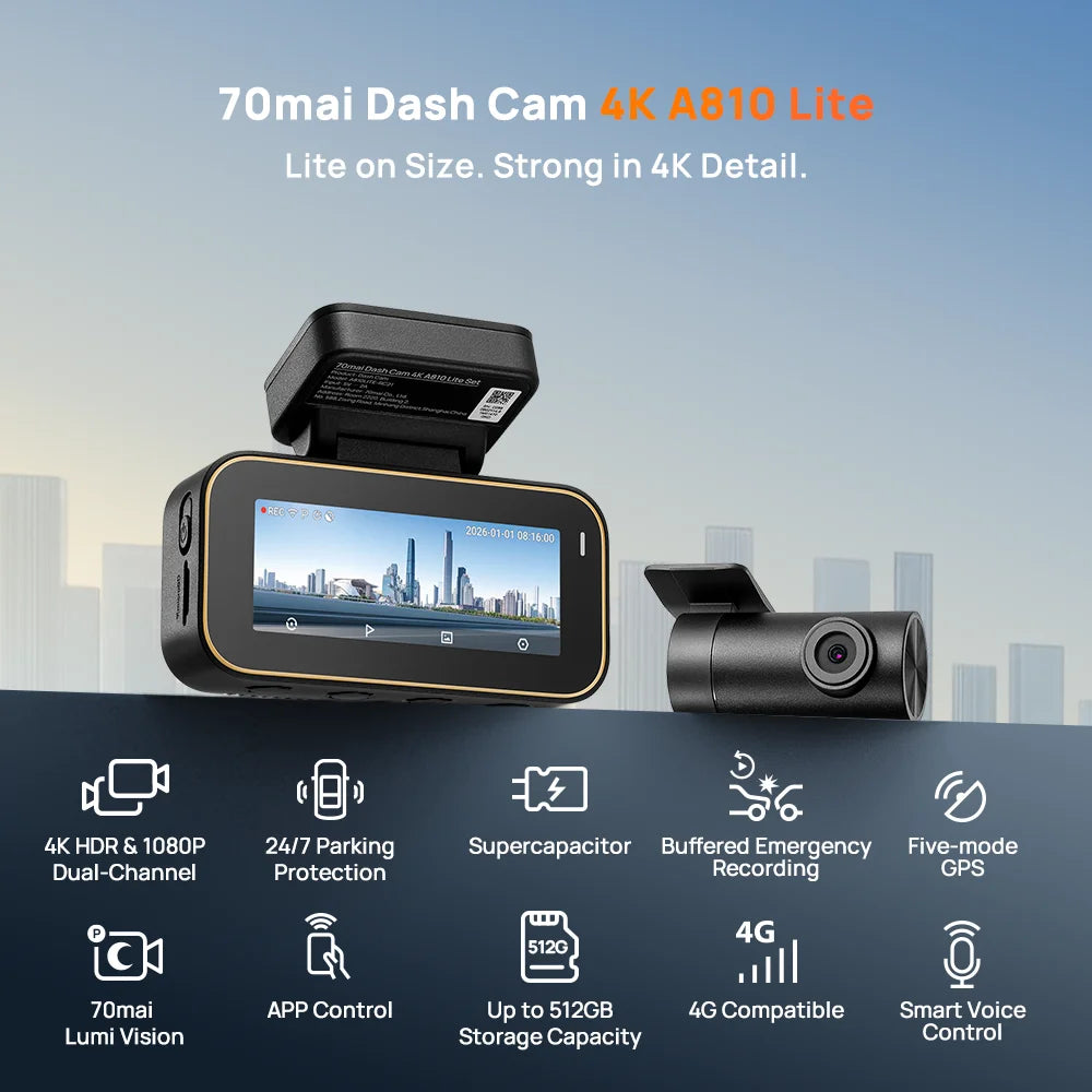70mai Dash Cam A810 Lite 4K HDR + 1080P, Supercapacitor 4G LTE Remote Control Wi-Fi 6 GPS Voice Control Car DVR 70mai A810 Lite