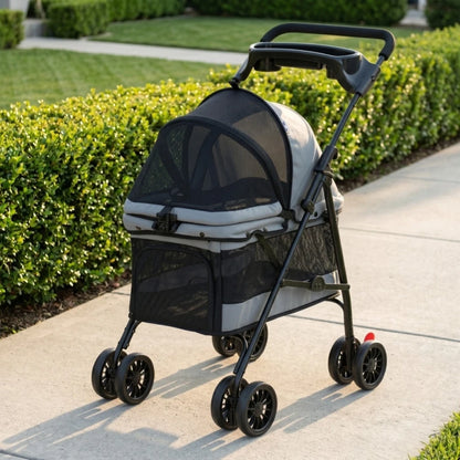 Foldable Pet Stroller for Small Dogs up to 10kg, Lightweight Dog Buggy with Mesh Windows, 360° Swivel Wheels, Brake, Removable Cushion, Cup Holder & Storage, Ideal for Travel, Gray