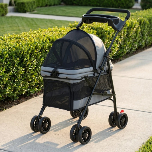 Foldable Pet Stroller for Small Dogs up to 10kg, Lightweight Dog Buggy with Mesh Windows, 360° Swivel Wheels, Brake, Removable Cushion, Cup Holder & Storage, Ideal for Travel, Gray