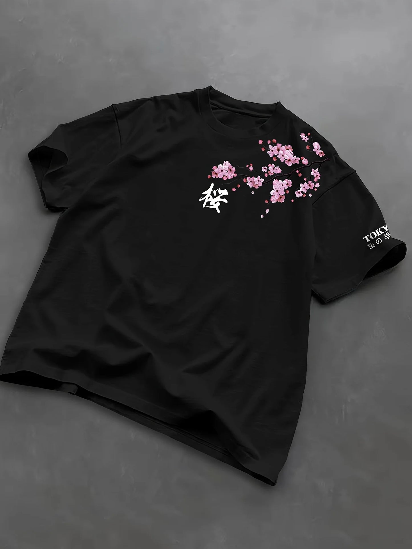 Summer Men Cherry Blossom Pattern Japanese Style Loose-Tee Shirt Suitable for Daily Wear 100% Cotton Material Trendy Versatile