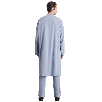Muslim Men Jubba Thobe 2 Pice Set Top with Pant Mens Abaya Long Islamic Eid 2025 Ramadan Long Robe Saudi Wear Caftan Dubai Arab