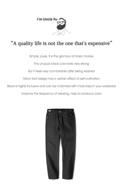 Maden Men's Vintage 12.8oz Black Washed Denim Jeans Mid Rise Straight Classic Casual Zip Fly Pants for Autumn Versatile Trousers