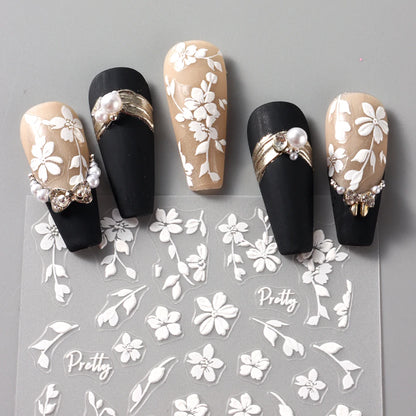 2pcs White Flower 3D Nail Art Stickers Sakura Blooming Florals Leaf Self-Adhesive Nail Decorations Sliders for DIY Manicure