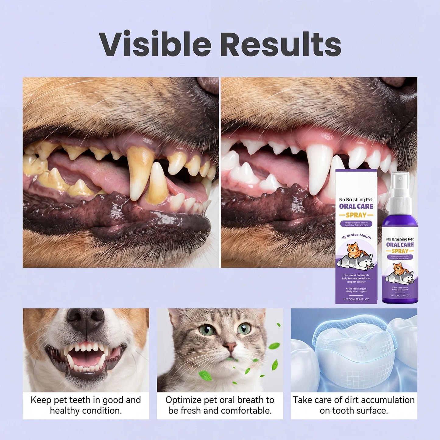 Pet Oral Care Spray Teeth Cleaning Remove Plaque Tartar Eliminate Bad Breath  Dental Dirt Protect Gum Health for Cats Dogs 50ml
