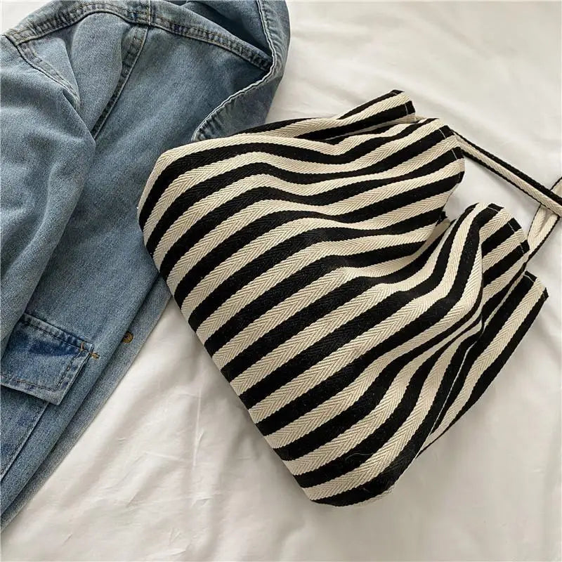 Large Capacity Canvas Women Shopper Tote Simple Striped Shoulder Bag Female Casual Multifunctional Travel Top-handle Handbag