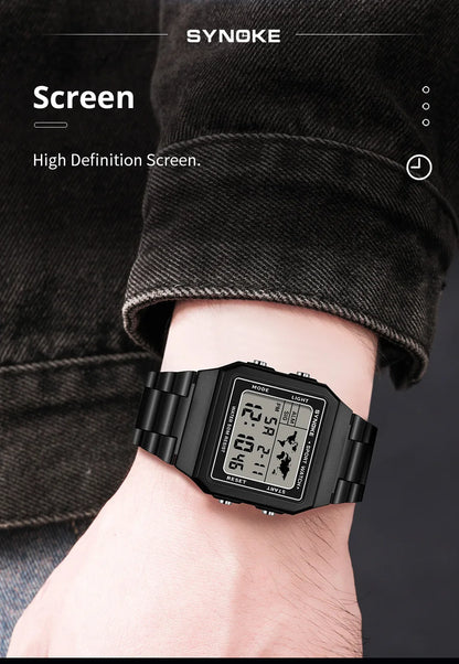 SYNOKE Top Brand Luxury Stainless Steel Chrono Sport Watches Men Back Light Display Digital Wristwatch 5Bar Waterproof Reloj Hom