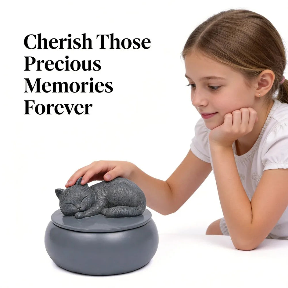 Pet Urn for Cats Resin Sleeping Cat Memorial Ashes Container Matte Sealed Pet Hair Keepsake Box Decor Desktop Loss Sympathy Gift