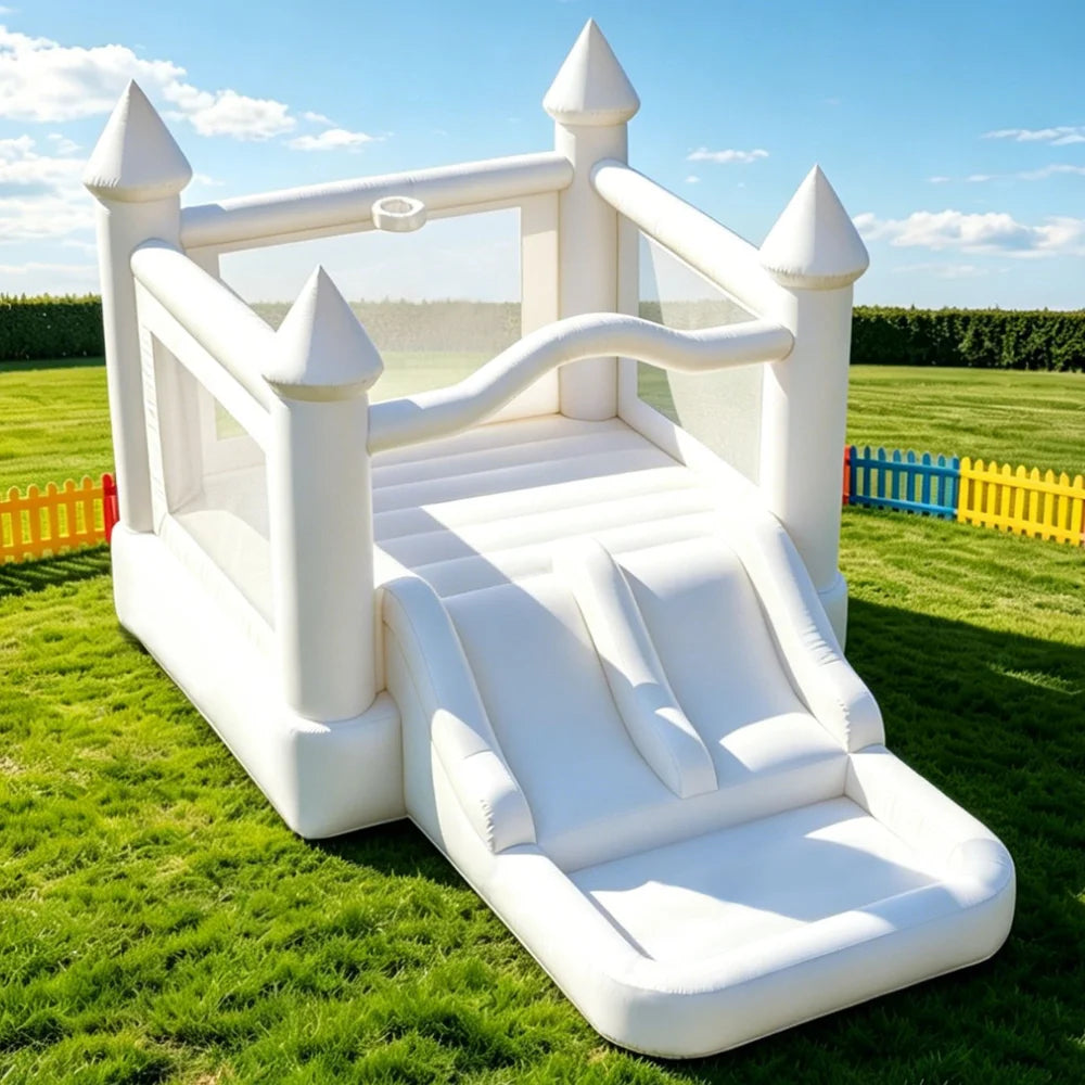 Inflatable Bounce House Bouncy Castle with Slide White Playhouse Commercial Outdoor Blow Up Jumping House Party Rental Birthday