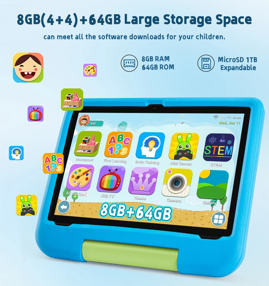 Kids Tablet, 10.1-inch Children 2025 Android 15 Tablets with Eye Protection Screen, 8GB(4+4GB) RAM 64GB Storage, 5000mAh Battery