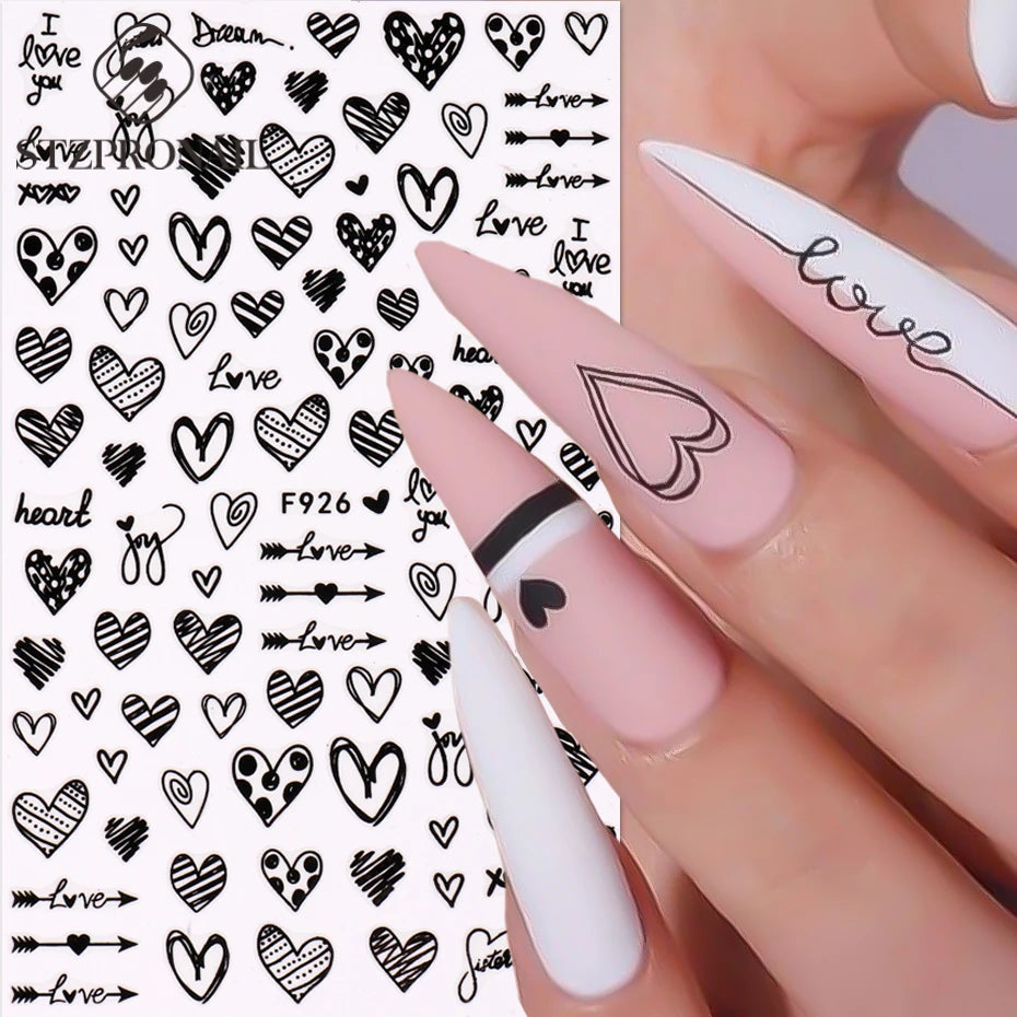 Black and White Love Flowers Line Art 3D Stickers Nail Decals Nail Art Accessories Butterfly Rose Nail Stickers Nail Sliders