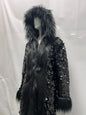 Patchwork Women Hooded Faux Fur Coat Fox Fur Long Sleeve Thick Warm Fur Outerwear Spliced Party Stage Loose Fit Sequined