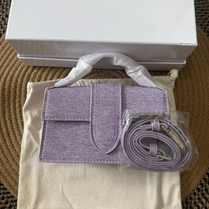 Women Denim Textured Mini Baguette Bag Thin Short Top Handle Detachable Adjustable Crossbody Strap Flap Purse
