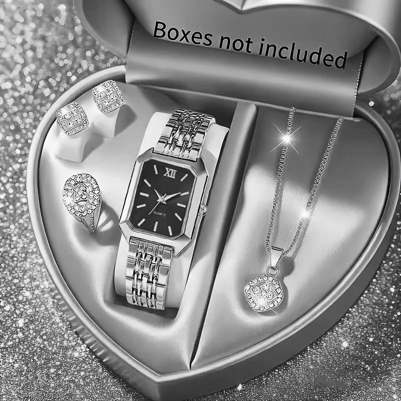 5PCS Womens Elegant Rectangle Rhinestone Quartz Watch Jewelry Set Fashion Women Watches Reloj Mujer Girl Clock Gift（Without Box）