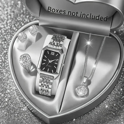 5PCS Womens Elegant Rectangle Rhinestone Quartz Watch Jewelry Set Fashion Women Watches Reloj Mujer Girl Clock Gift（Without Box）