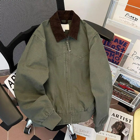 Pure Cotton Detroit Washed Jacket Men's Spring Loose Fit Collared Workwear Jacket Trendy Brand Color Block Casual Coat