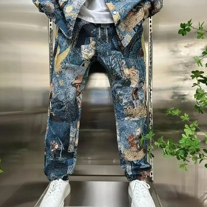 Spring Autumn Streetwear oil painting Men Set Popular Painted Shirt Jacket Trousers Fashionable Casual Versatile Two-piece Sets