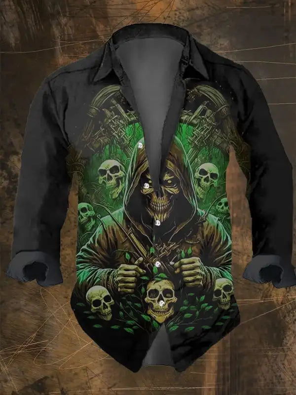 Halloween Men's Dark Skull Prints Casual Long Sleeve Shirt-Vintage Skull Floral Print,Regular Fit,Lapel Collar, Polyester Blend