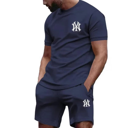 New hot selling 2026 men's two-piece sportswear short sleeved T-shirt and pants set running and fitness sportswear summer