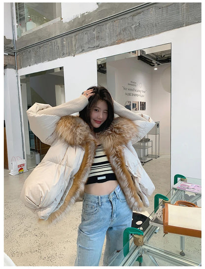 Oversized Winter Warm Real Fox Fur Collar Black Down Coat Women Puffer Outerwear Jackets 2024 Autumn Winter