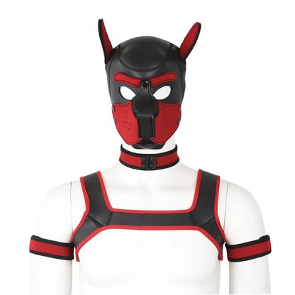 Large Size Puppy Cosplay Neoprene Fetish Hood Mask Kit with Chest Strap Collar Armband Sex Costumes for Bdsm Slave Role Play
