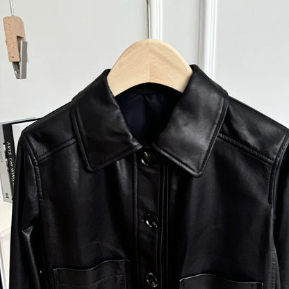 British Style Lapel Genuine Leather Jackets for Women Fashion Single-breasted Pockets Female Brown Casual Short Sheepskin Jacket